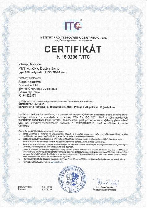 certifikát PES kuličky, duté vlákno